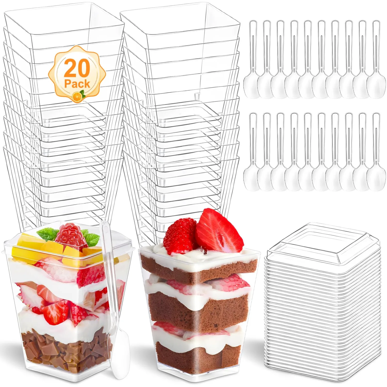 20 Pack Square Dessert Cups with Lids Spoons 5 OZ Appetizer Cup for Party | Clear Plastic Yogurt Parfait Cups Small Shooter Cups Disposable Mini Cups for Desserts Puddings Mousse Ice Cream Fruit