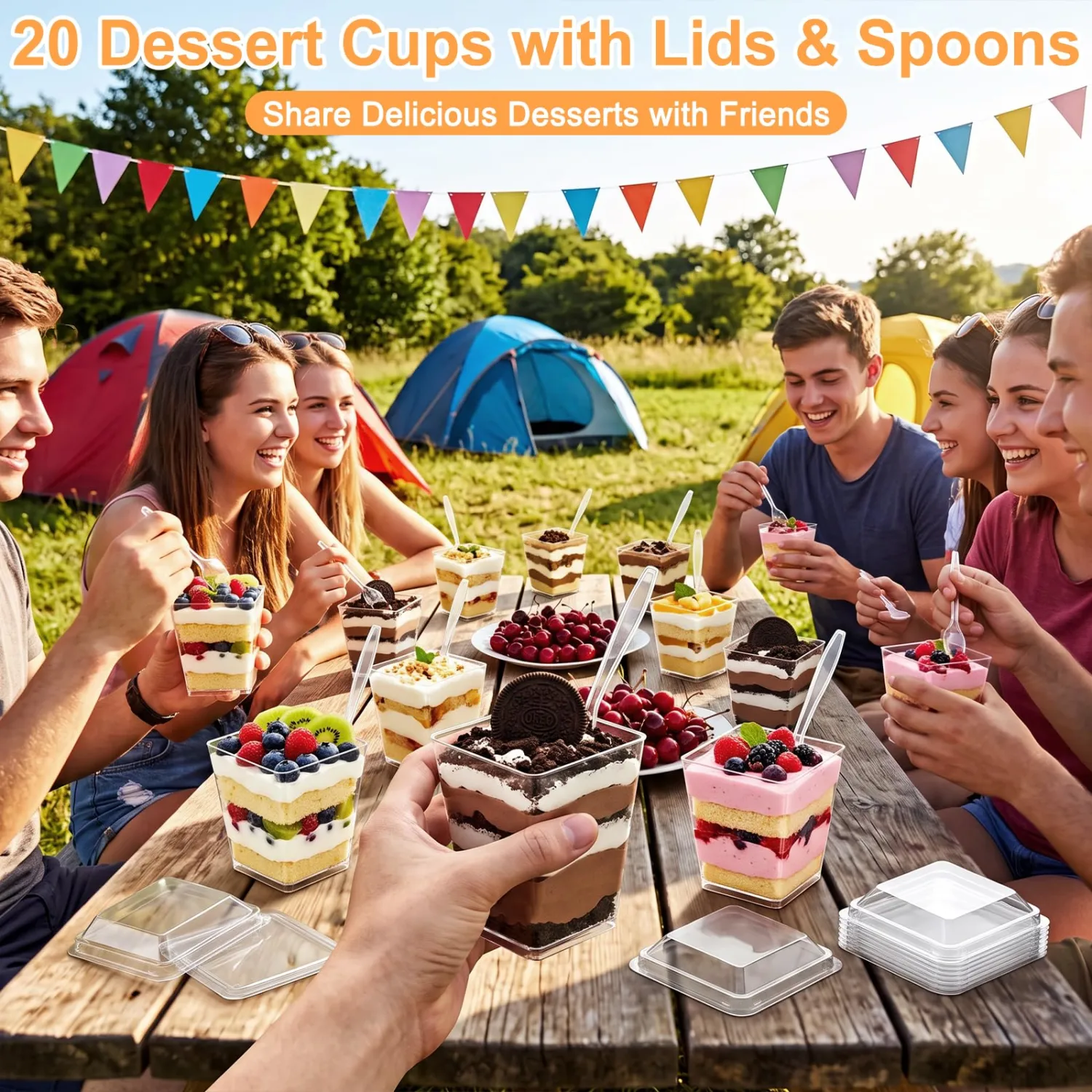 20 Pack Square Dessert Cups with Lids Spoons 5 OZ Appetizer Cup for Party | Clear Plastic Yogurt Parfait Cups Small Shooter Cups Disposable Mini Cups for Desserts Puddings Mousse Ice Cream Fruit