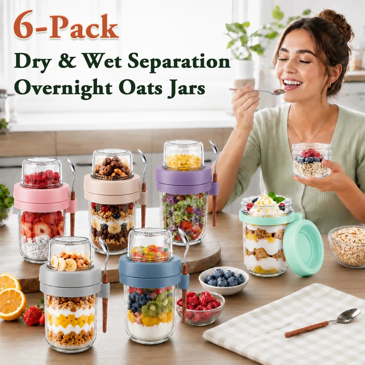 Yogurt Cups with Lids, 20 oz (16+4), Overnight Oats Containers | 6 Pack Dual-Layer Yogurt Container, Parfait Cups with lids Reusable, Overnight Oats Jar for Salad, Lunch, Fruit (Purple+Blue)