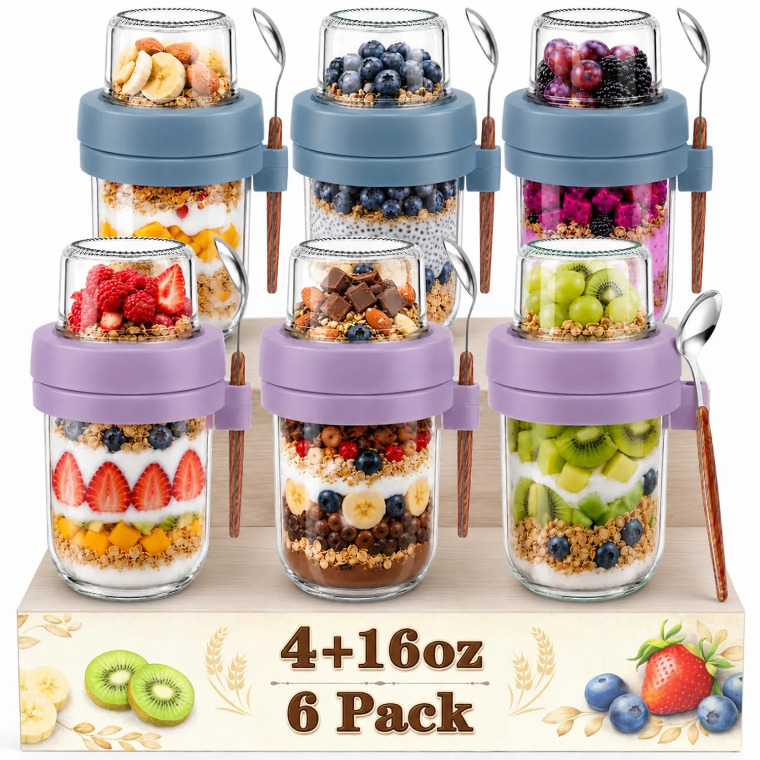 Yogurt Cups with Lids, 20 oz (16+4), Overnight Oats Containers | 6 Pack Dual-Layer Yogurt Container, Parfait Cups with lids Reusable, Overnight Oats Jar for Salad, Lunch, Fruit (Purple+Blue)