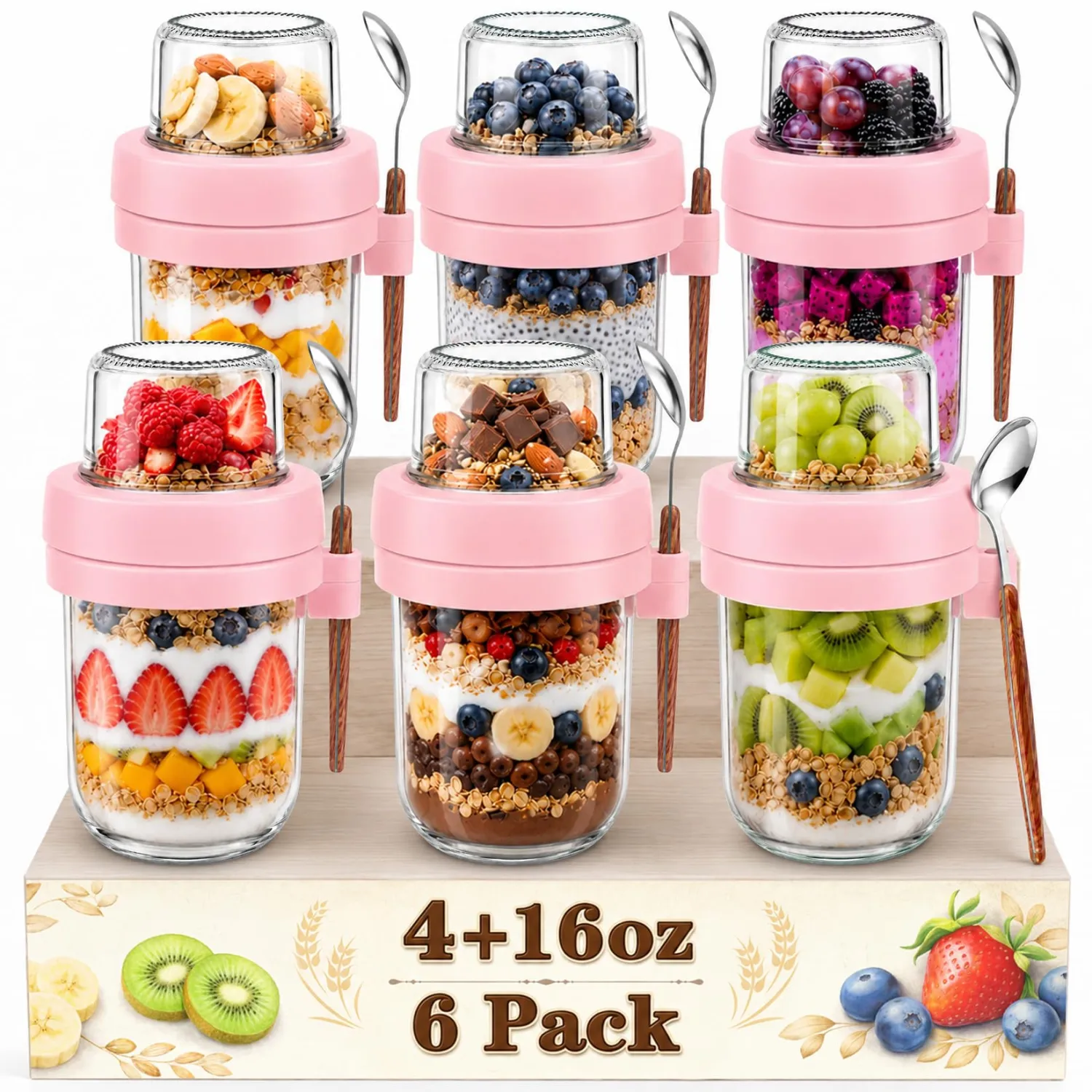 6 Pack Yogurt Parfait Cups with Lids, Overnight Oats Containers with Spoons | 20 oz (16+4) Dual-Layer Glass Yogurt Containers, Parfait Cups with Lids Reusable for Oatmeal, Fruit, Snack, Cereal (Pink)