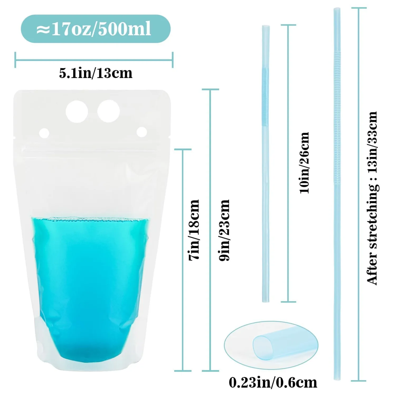 MAQIHAN 100 Drink Pouches with Straws Individually-Wrapped - 17oz Juice Drink Pouches Adult Clear Plastic Halloween Blood Bag Reusable Liquid Smoothie Party Hot Weather Cooling | 17oz Adults Alcohol Pouches, Plastic Halloween Blood Bags for Drinks, Reusable Liquor Pouches, Party Summer Cooling Must Have