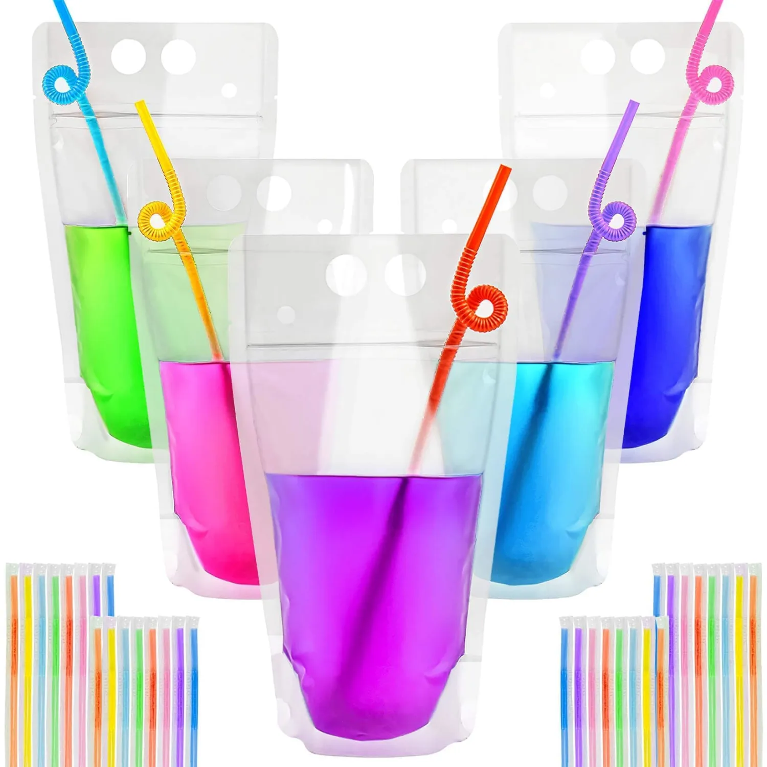 MAQIHAN 100 Drink Pouches with Straws Individually-Wrapped - 17oz Juice Drink Pouches Adult Clear Plastic Halloween Blood Bag Reusable Liquid Smoothie Party Hot Weather Cooling | 17oz Adults Alcohol Pouches, Plastic Halloween Blood Bags for Drinks, Reusable Liquor Pouches, Party Summer Cooling Must Have