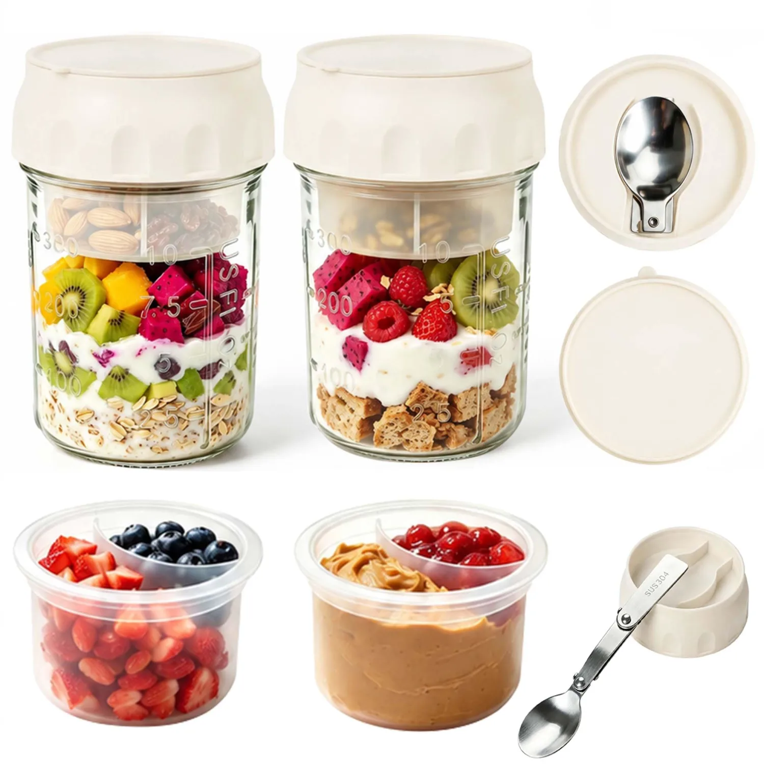 2 Pack Overnight Oats Containers with Lids & Foldable Spoon, 16oz Glass Oatmeal Jars with Divided Compartment, Portable Meal Prep Yogurt Parfait Cups for Breakfast