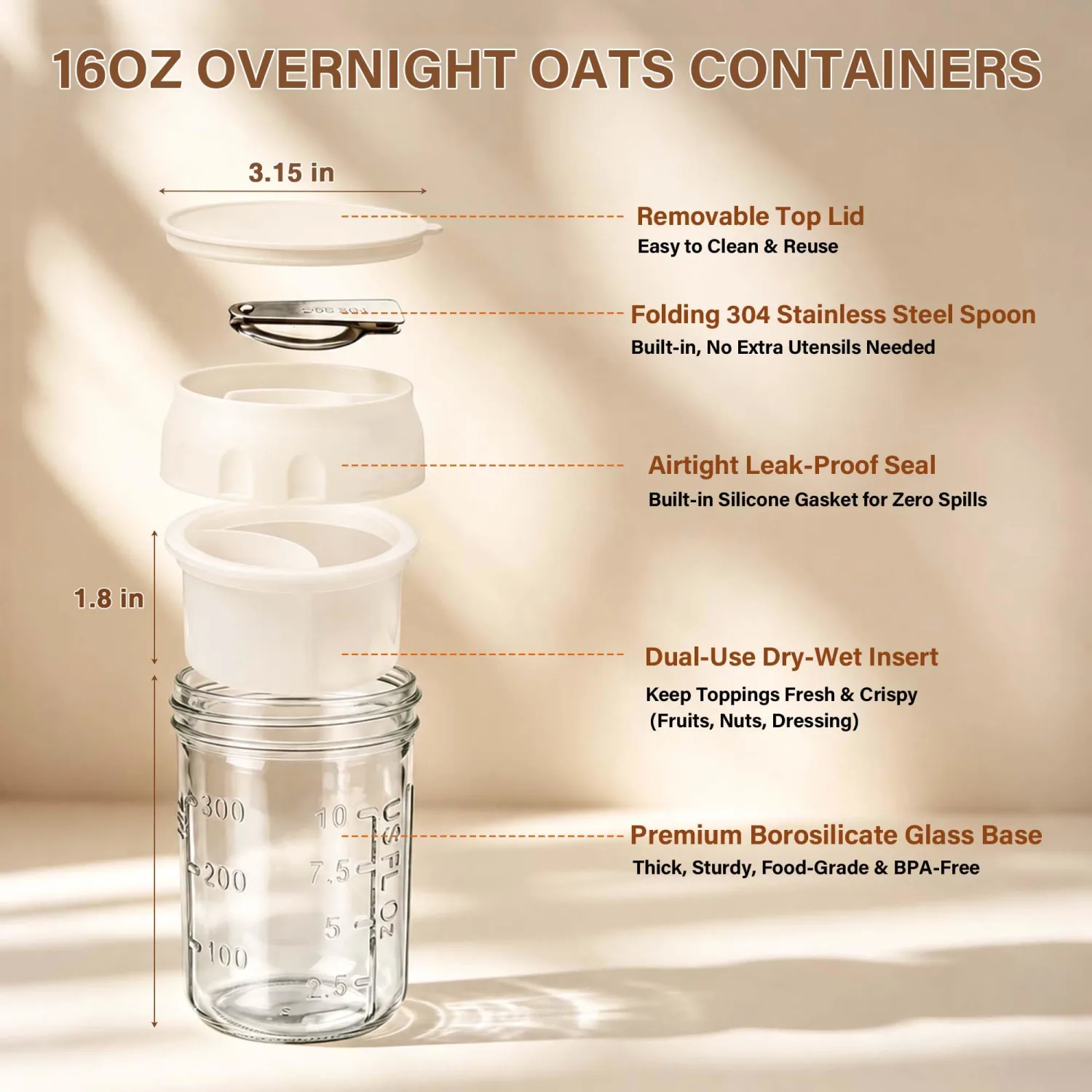 2 Pack Overnight Oats Containers with Lids & Foldable Spoon, 16oz Glass Oatmeal Jars with Divided Compartment, Portable Meal Prep Yogurt Parfait Cups for Breakfast