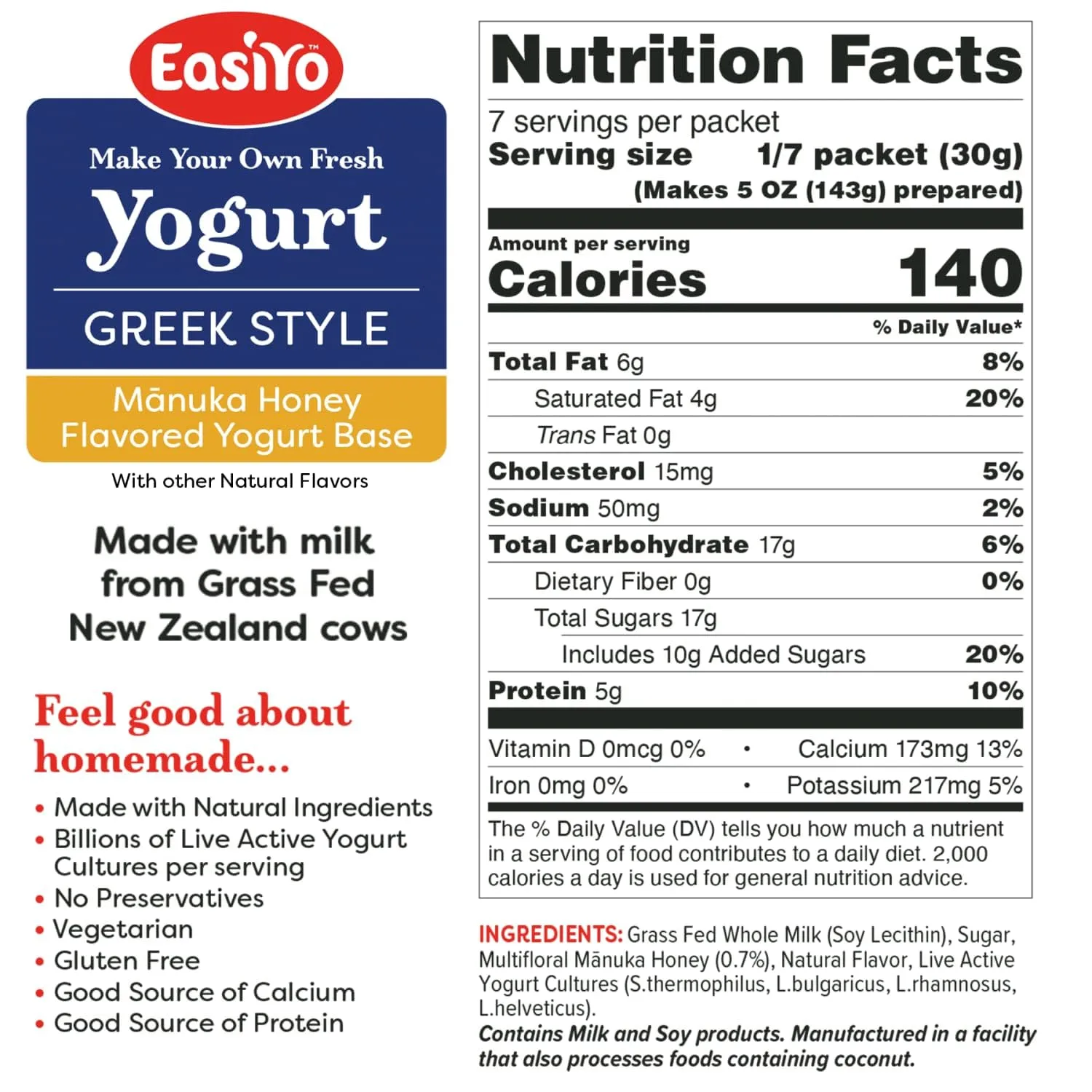 EasiYo Greek Style Manuka Honey Yogurt Base (10-pack, 70 Servings) with Live Cultures | Easy & Fresh Homemade Yogurt | Use with EasiYo Maker | New Zealand Milk from Grass Fed Cows