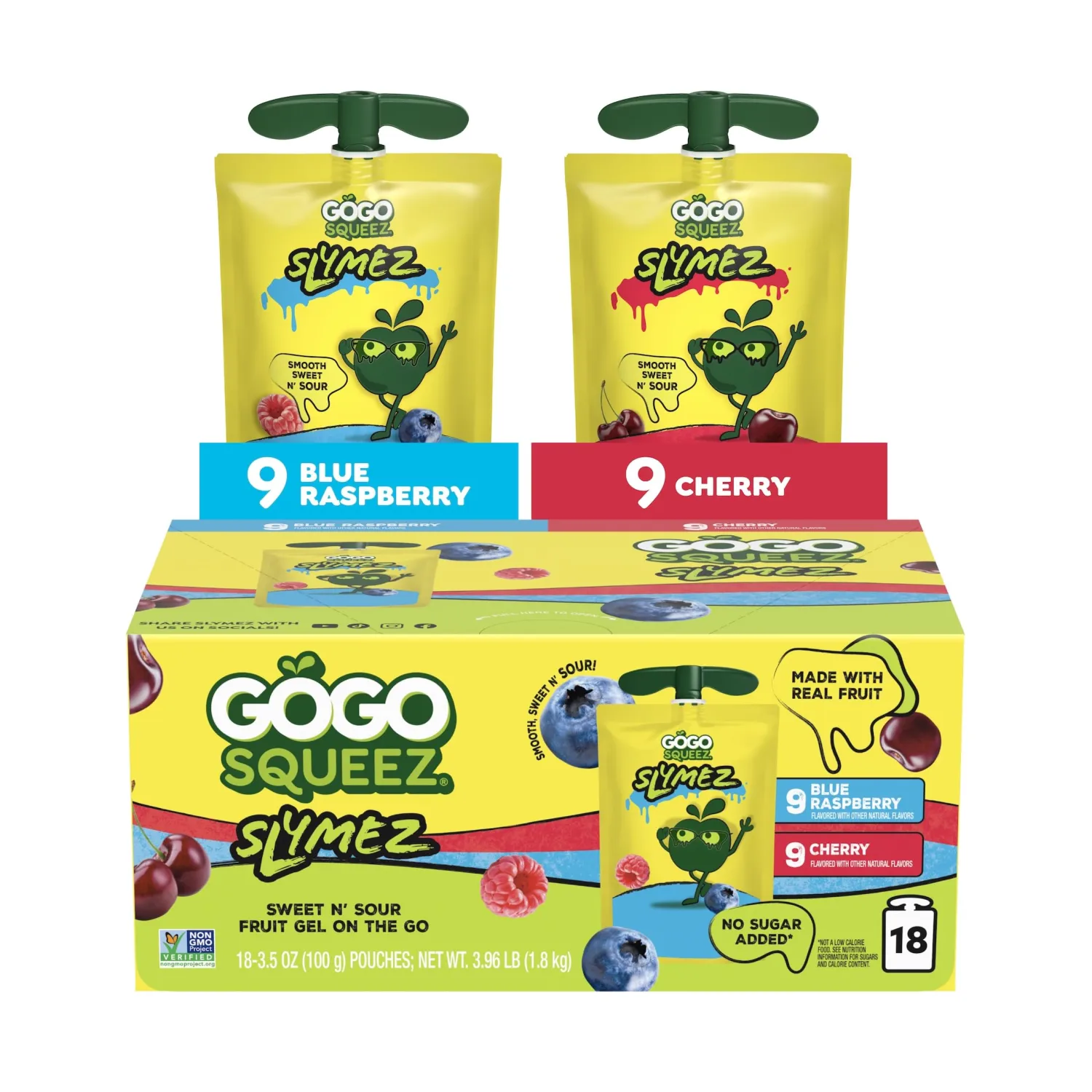 GoGo squeeZ No Sugar Added SlymeZ Fruit Gel Variety Pack, 18 Count | Blue Raspberry & Cherry Flavors; On The Go Fruit Gel, 3.5 Oz Pouches, Gluten and Nut Free, Recloseable Cap, BPA-Free