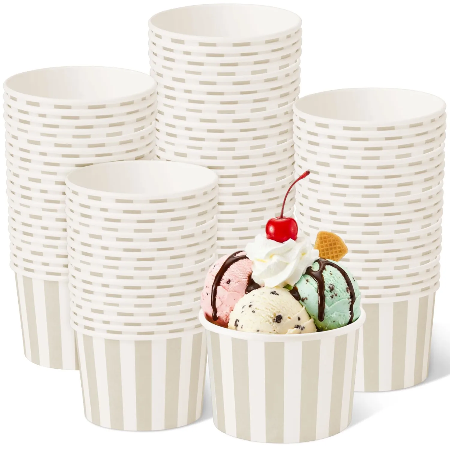 Zopeal 50 Count Beige Striped Ice Cream Cups Disposable Dessert Bowls | 9 oz Paper Ice Cream Bowls, Birthday Party Supplies, Snack Cups Sundae Picnic Yogurt Bowls for Food