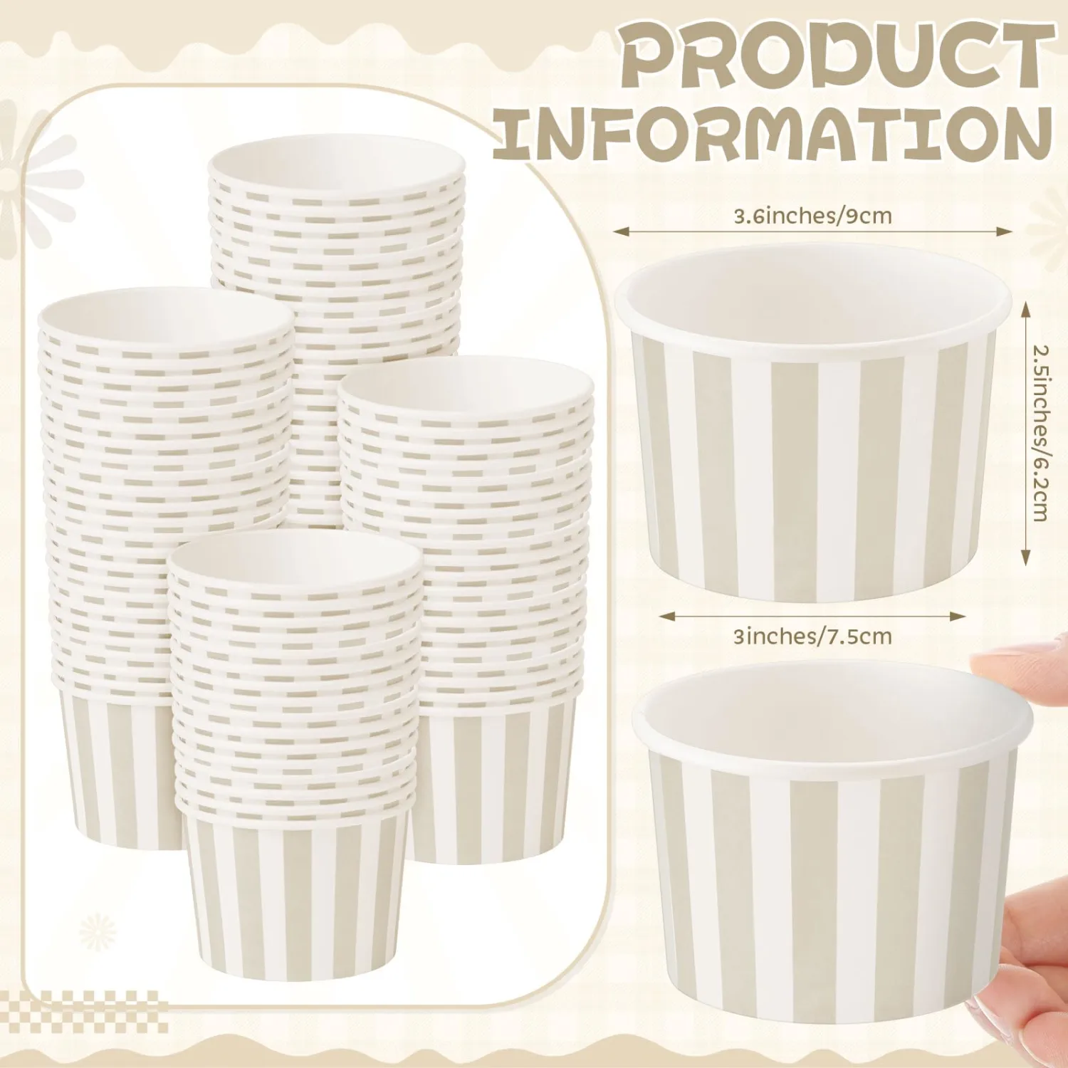 Zopeal 50 Count Beige Striped Ice Cream Cups Disposable Dessert Bowls | 9 oz Paper Ice Cream Bowls, Birthday Party Supplies, Snack Cups Sundae Picnic Yogurt Bowls for Food