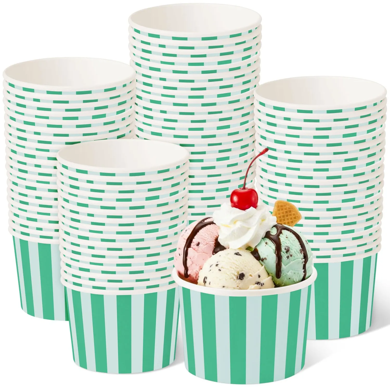 Zopeal 50 Count Teal and Light Blue Striped Ice Cream Cups Dessert Bowls | Disposable Paper 9 oz Ice Cream Bowls, Birthday Party Supplies, Snack Cups Sundae Picnic Yogurt Bowls for Food