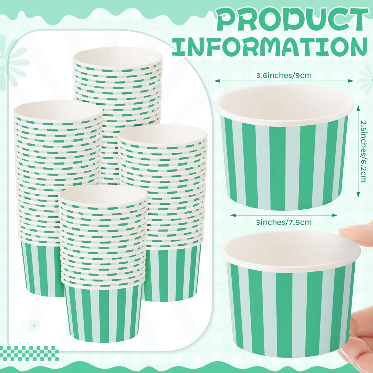 Zopeal 50 Count Teal and Light Blue Striped Ice Cream Cups Dessert Bowls | Disposable Paper 9 oz Ice Cream Bowls, Birthday Party Supplies, Snack Cups Sundae Picnic Yogurt Bowls for Food