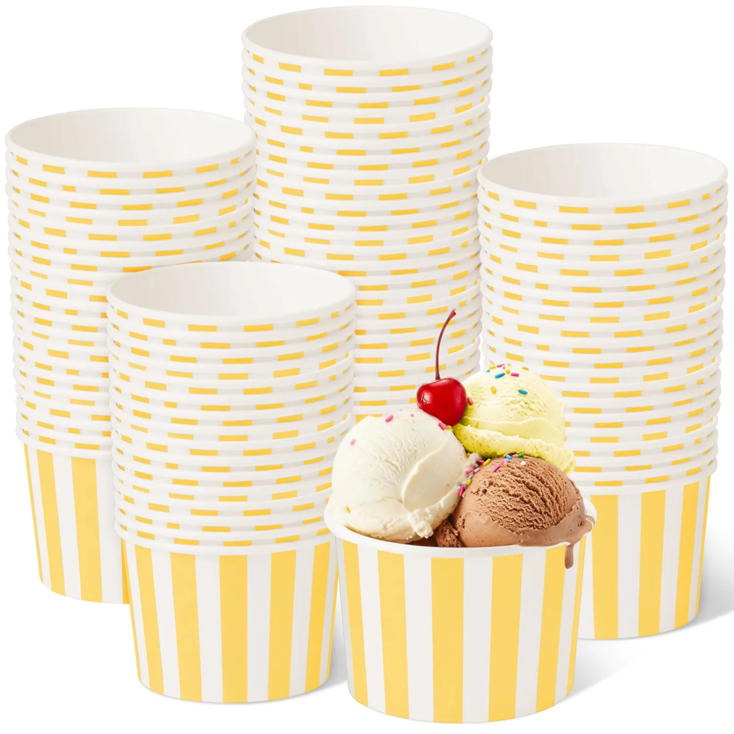 Zopeal 50 Count Yellow Striped Ice Cream Cups Disposable Dessert Bowls | 9 oz Paper Ice Cream Bowls, Birthday Party Supplies, Snack Cups Sundae Picnic Yogurt Bowls for Food
