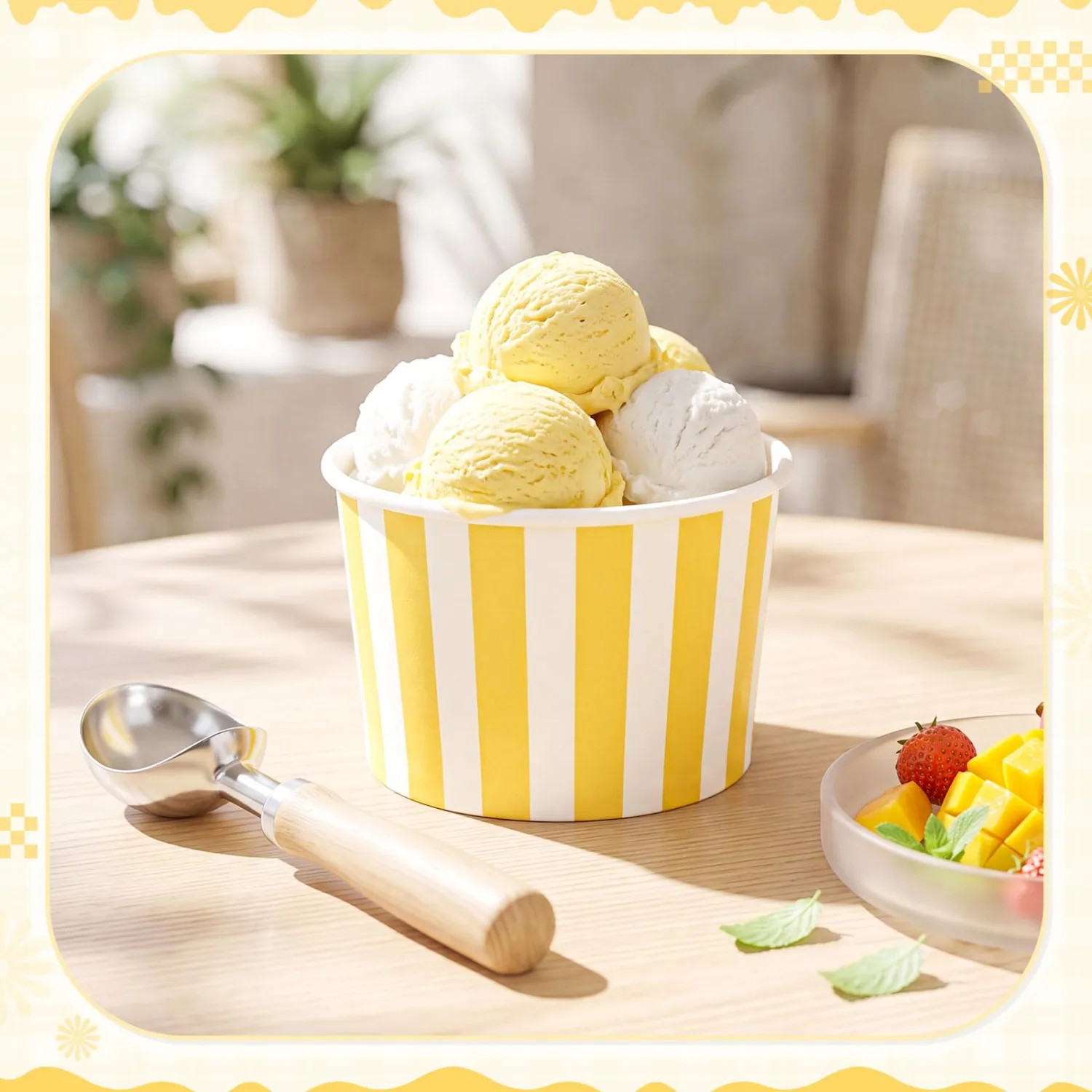 Zopeal 50 Count Yellow Striped Ice Cream Cups Disposable Dessert Bowls | 9 oz Paper Ice Cream Bowls, Birthday Party Supplies, Snack Cups Sundae Picnic Yogurt Bowls for Food