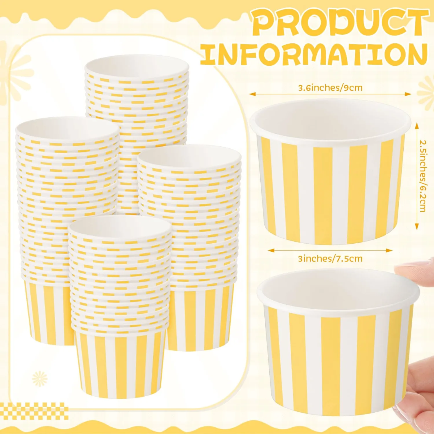 Zopeal 50 Count Yellow Striped Ice Cream Cups Disposable Dessert Bowls | 9 oz Paper Ice Cream Bowls, Birthday Party Supplies, Snack Cups Sundae Picnic Yogurt Bowls for Food