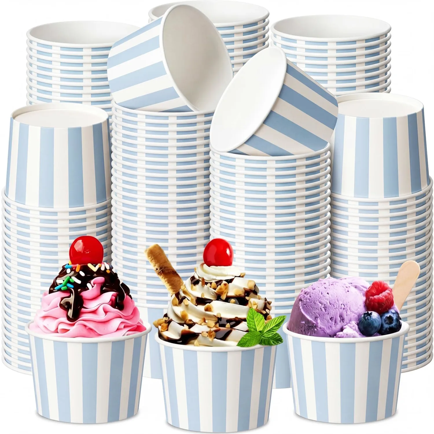 Zopeal 100 Count Blue Striped Ice Cream Cups Disposable Dessert Bowls | 9 oz Paper Ice Cream Bowls, Birthday Party Supplies, Snack Cups Sundae Picnic Yogurt Bowls for Food