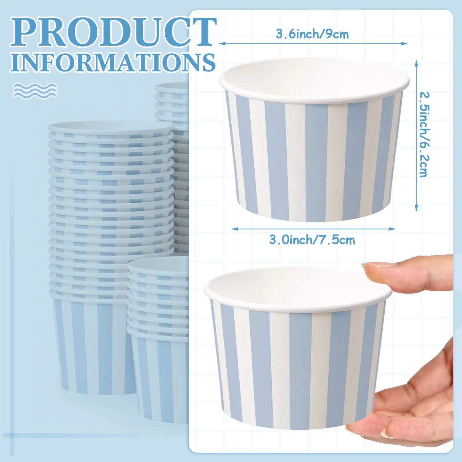 Zopeal 100 Count Blue Striped Ice Cream Cups Disposable Dessert Bowls | 9 oz Paper Ice Cream Bowls, Birthday Party Supplies, Snack Cups Sundae Picnic Yogurt Bowls for Food