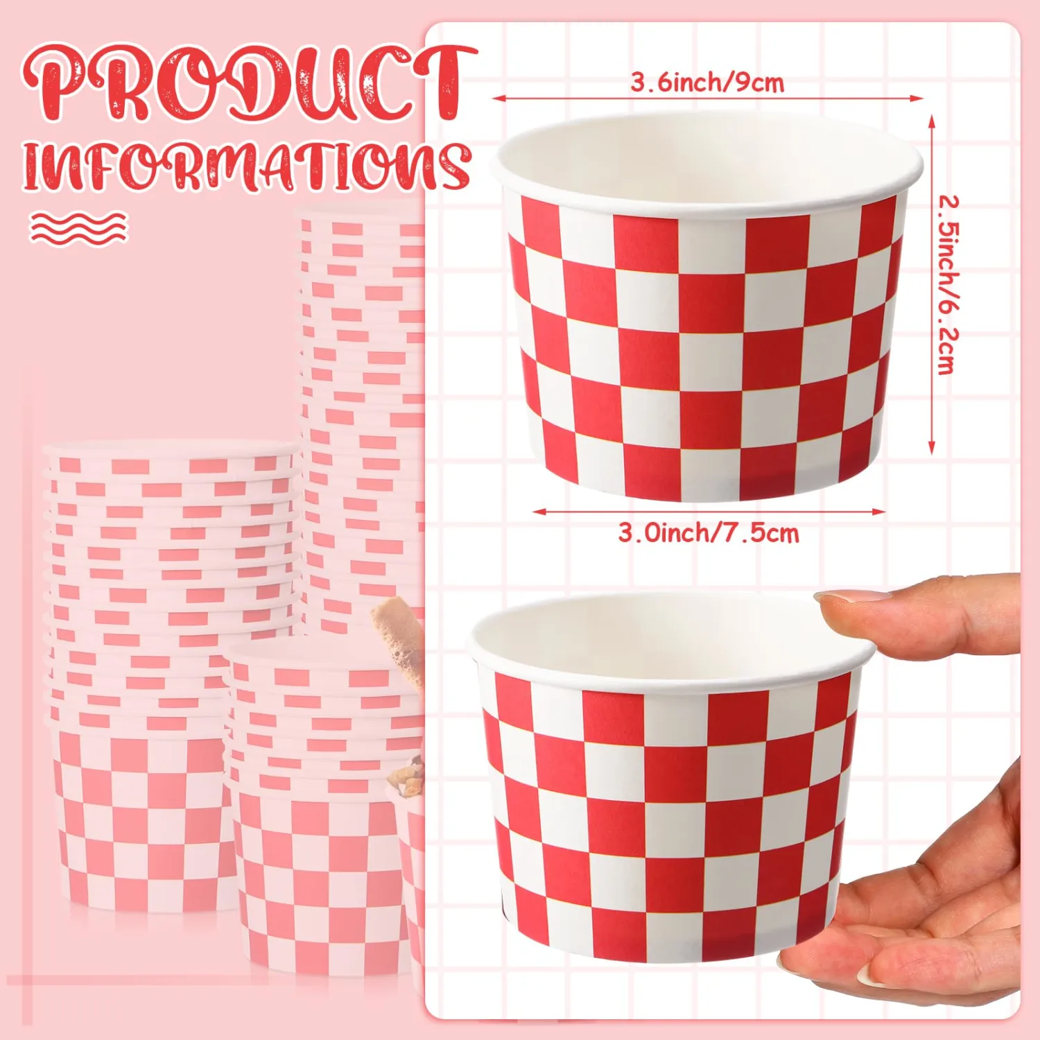 Zopeal 50 Count Red and White Checkered Ice Cream Cups Disposable Race Car | Dessert Bowls 9 oz, Paper Ice Cream Bowls, Birthday Party Supplies, Snack Cups Sundae Picnic Yogurt Bowls for Food