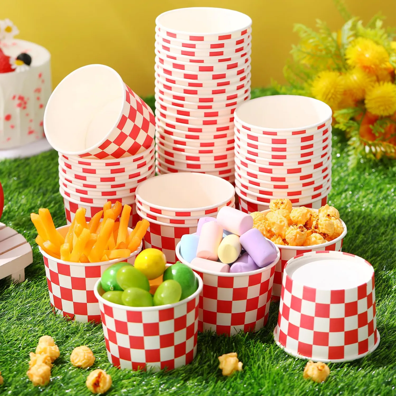 Zopeal 50 Count Red and White Checkered Ice Cream Cups Disposable Race Car | Dessert Bowls 9 oz, Paper Ice Cream Bowls, Birthday Party Supplies, Snack Cups Sundae Picnic Yogurt Bowls for Food