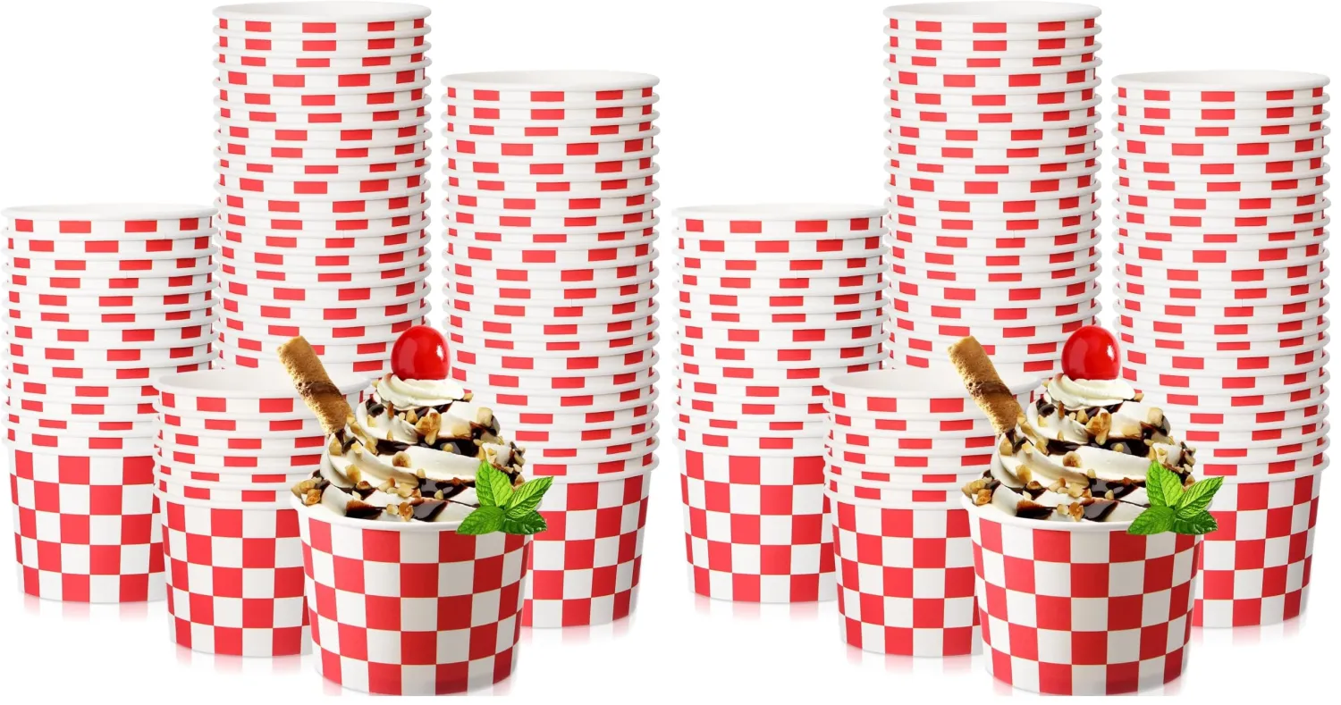 Zopeal 50 Count Red and White Checkered Ice Cream Cups Disposable Race Car | Dessert Bowls 9 oz, Paper Ice Cream Bowls, Birthday Party Supplies, Snack Cups Sundae Picnic Yogurt Bowls for Food
