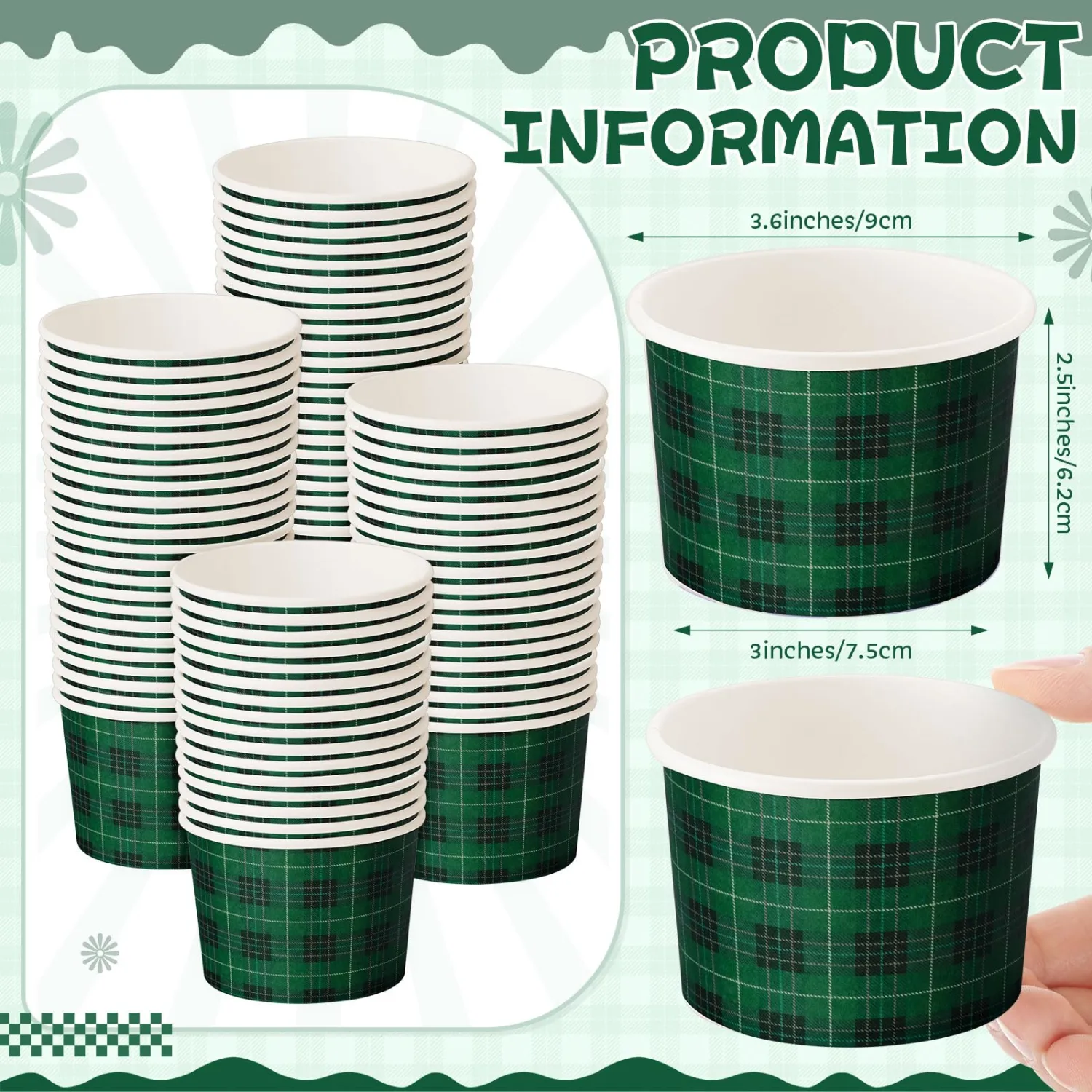Zopeal 50 Count Green and Black Checkered Ice Cream Cups 9 oz Race Car | Disposable Dessert Bowls, Paper Ice Cream Bowls, Birthday Party Supplies, Snack Cups Sundae Picnic Yogurt Bowls for Food