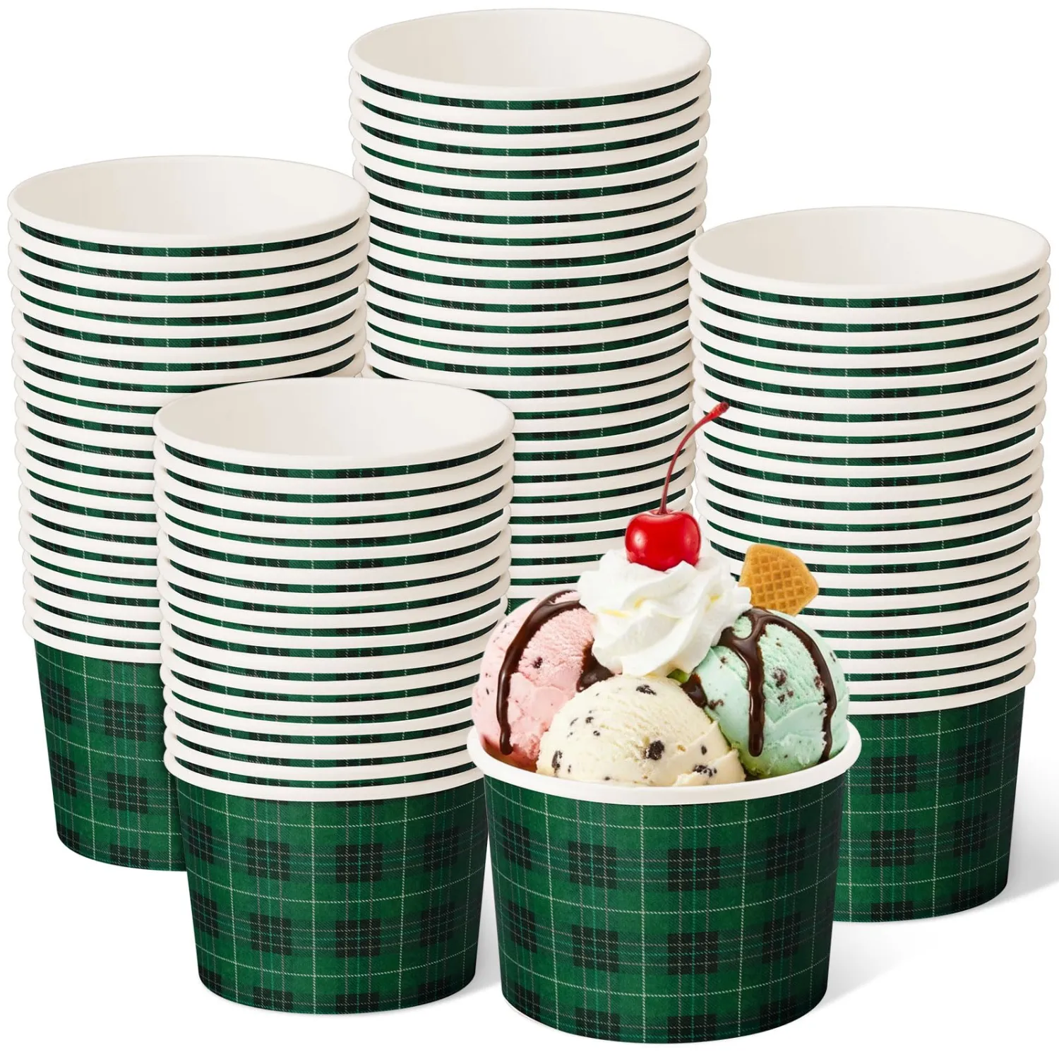 Zopeal 50 Count Green and Black Checkered Ice Cream Cups 9 oz Race Car | Disposable Dessert Bowls, Paper Ice Cream Bowls, Birthday Party Supplies, Snack Cups Sundae Picnic Yogurt Bowls for Food