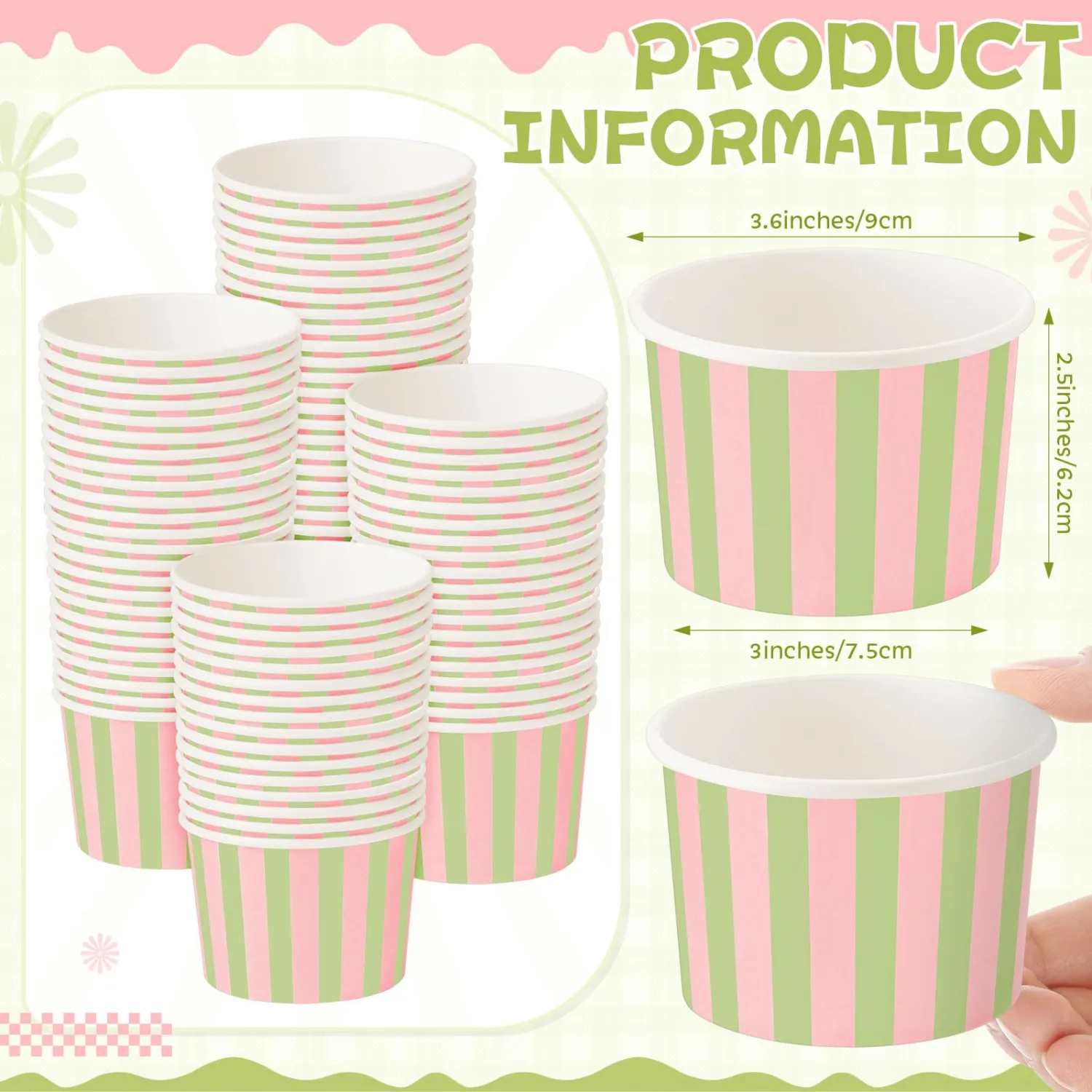 Zopeal 50 Count Pink and Green Striped Ice Cream Cups Paper Dessert Bowls | Disposable 9 oz Ice Cream Bowls, Birthday Party Supplies, Snack Cups Sundae Picnic Yogurt Bowls for Food