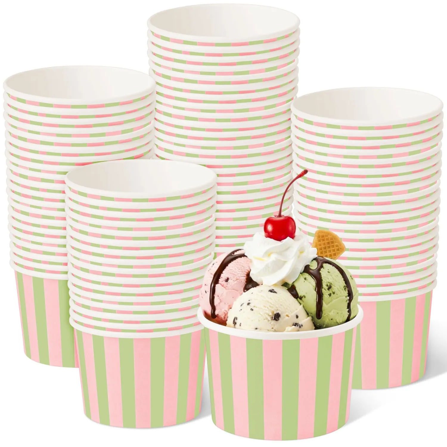 Zopeal 50 Count Pink and Green Striped Ice Cream Cups Paper Dessert Bowls | Disposable 9 oz Ice Cream Bowls, Birthday Party Supplies, Snack Cups Sundae Picnic Yogurt Bowls for Food