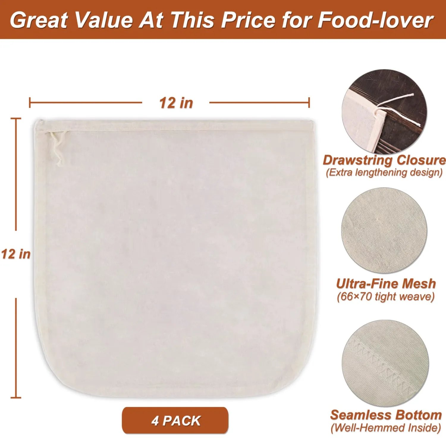 4 Pcs 12"x12" Nut Milk Bag with SGS Tested 100% Nature Unbleached Cotton, Premium Cheesecloth Bags for Straining, Reusable Nut Bag Strainer for Making Almond & Nut Milks, Cold Brew, Yogurt, Juicing