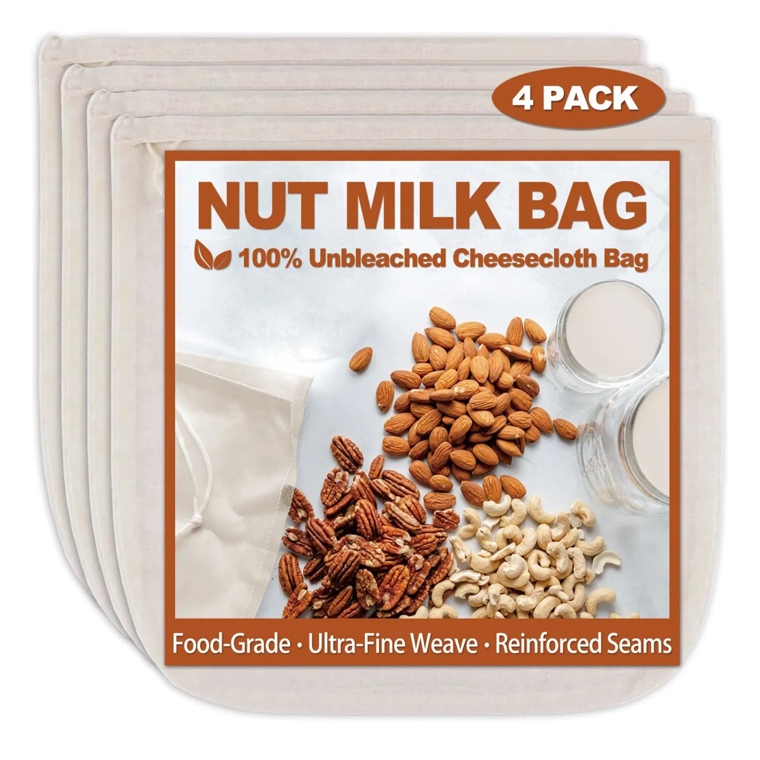 4 Pcs 12"x12" Nut Milk Bag with SGS Tested 100% Nature Unbleached Cotton, Premium Cheesecloth Bags for Straining, Reusable Nut Bag Strainer for Making Almond & Nut Milks, Cold Brew, Yogurt, Juicing