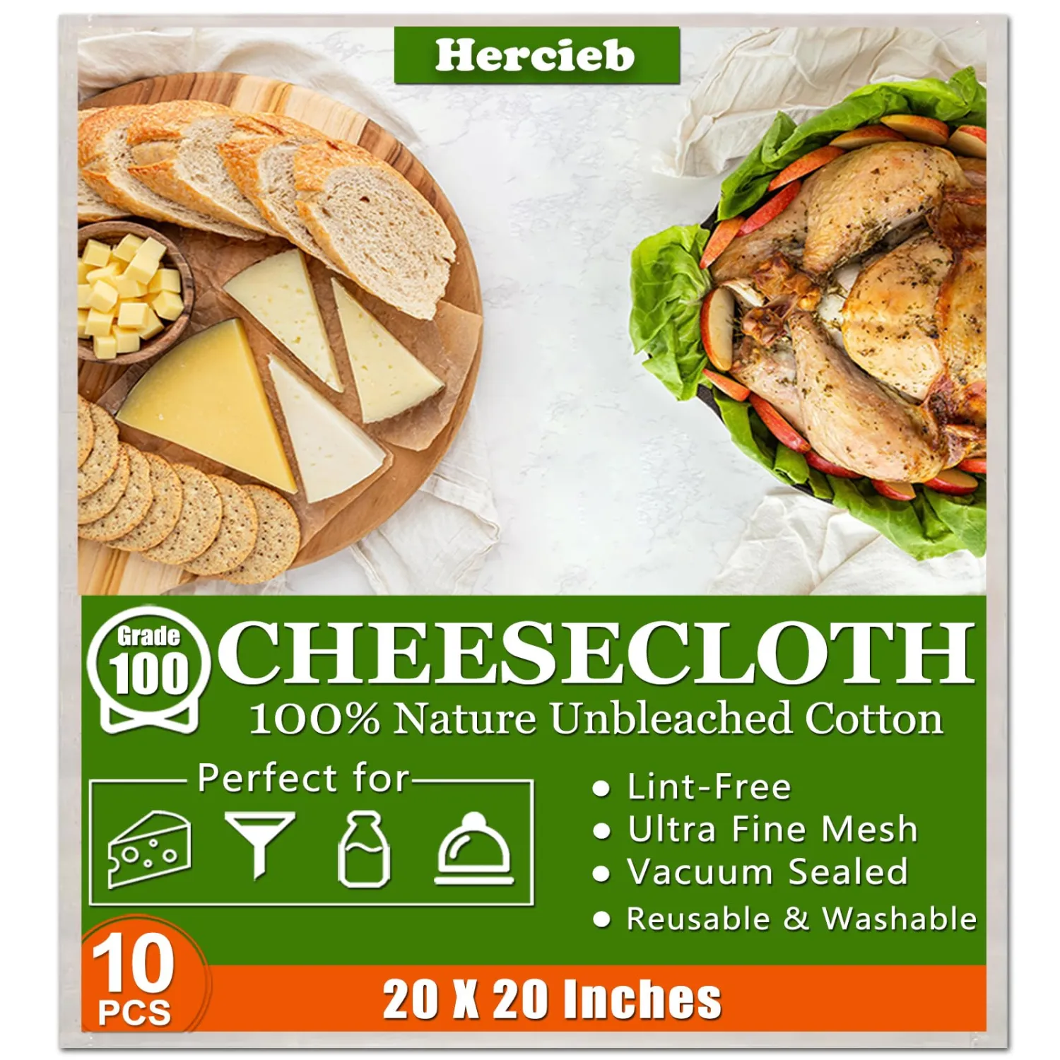 10 Pcs Cheese Cloths, SGS Tested 100% Unbleached Cotton, 20x20 Inch Grade 100 Reusable Cheese Cloth With Ultra-Fine Mesh, Reusable Muslin Cheesecloth for Straining,Juicing,Cooking Turkey, Baking