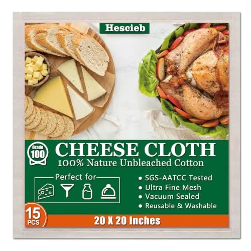 15 Pcs Cheese Cloths, SGS Tested 100% Unbleached Cotton, 20x20 Inch Grade 100 Reusable Cheese Cloth With Ultra-Fine Mesh, Reusable Muslin Cheesecloth for Straining,Juicing,Cooking Turkey, Baking