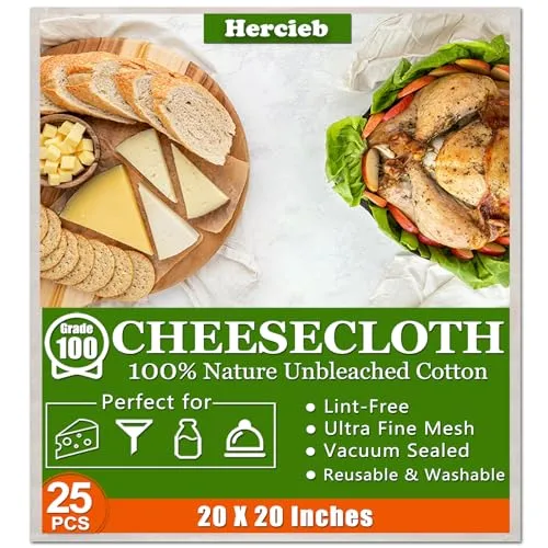 25 Pcs Cheese Cloths, SGS Tested 100% Unbleached Cotton, 20x20 Inch Grade 100 Reusable Cheese Cloth With Ultra-Fine Mesh, Reusable Muslin Cheesecloth for Straining,Juicing,Cooking Turkey, Baking