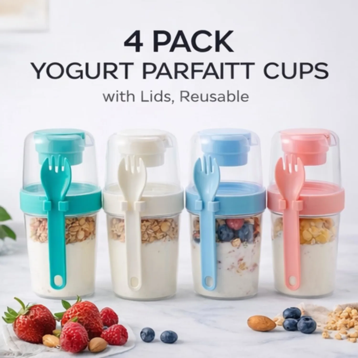 4 Pack Yogurt Parfait Cups with Lids Reusable, 20 oz Plastic Overnight Oats Containers with Lids Spoons Granola Compartment for Fruit Nuts, To Go Overnight Oat Jars for Oatmeal, Snack, Breakfast Prep