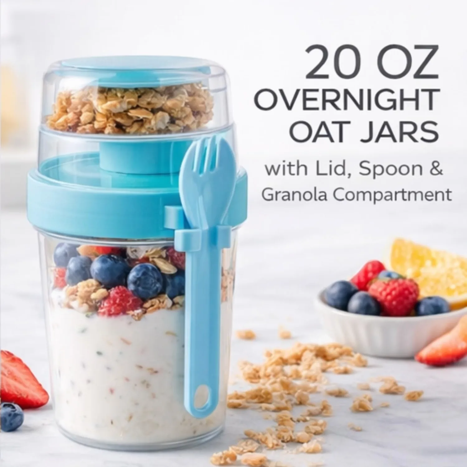 4 Pack Yogurt Parfait Cups with Lids Reusable, 20 oz Plastic Overnight Oats Containers with Lids Spoons Granola Compartment for Fruit Nuts, To Go Overnight Oat Jars for Oatmeal, Snack, Breakfast Prep