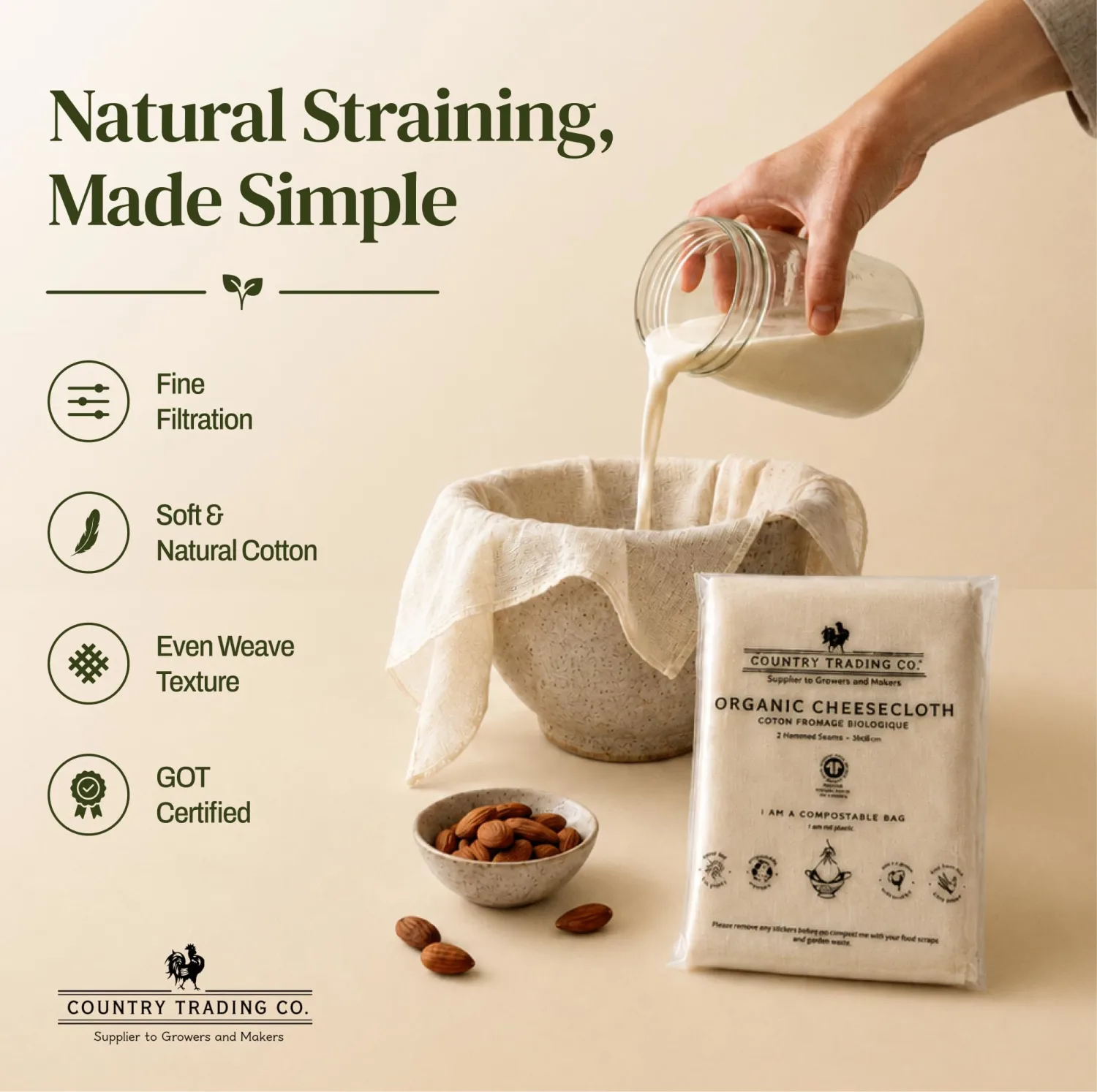 Country Trading Co. Organic Cheesecloth, Grade 120 Extra-Fine Weave, 2 Hemmed Squares, GOTS Certified Unbleached Cotton, Reusable Straining Cloth for Cheese, Nut Milk, Yogurt & Kombucha