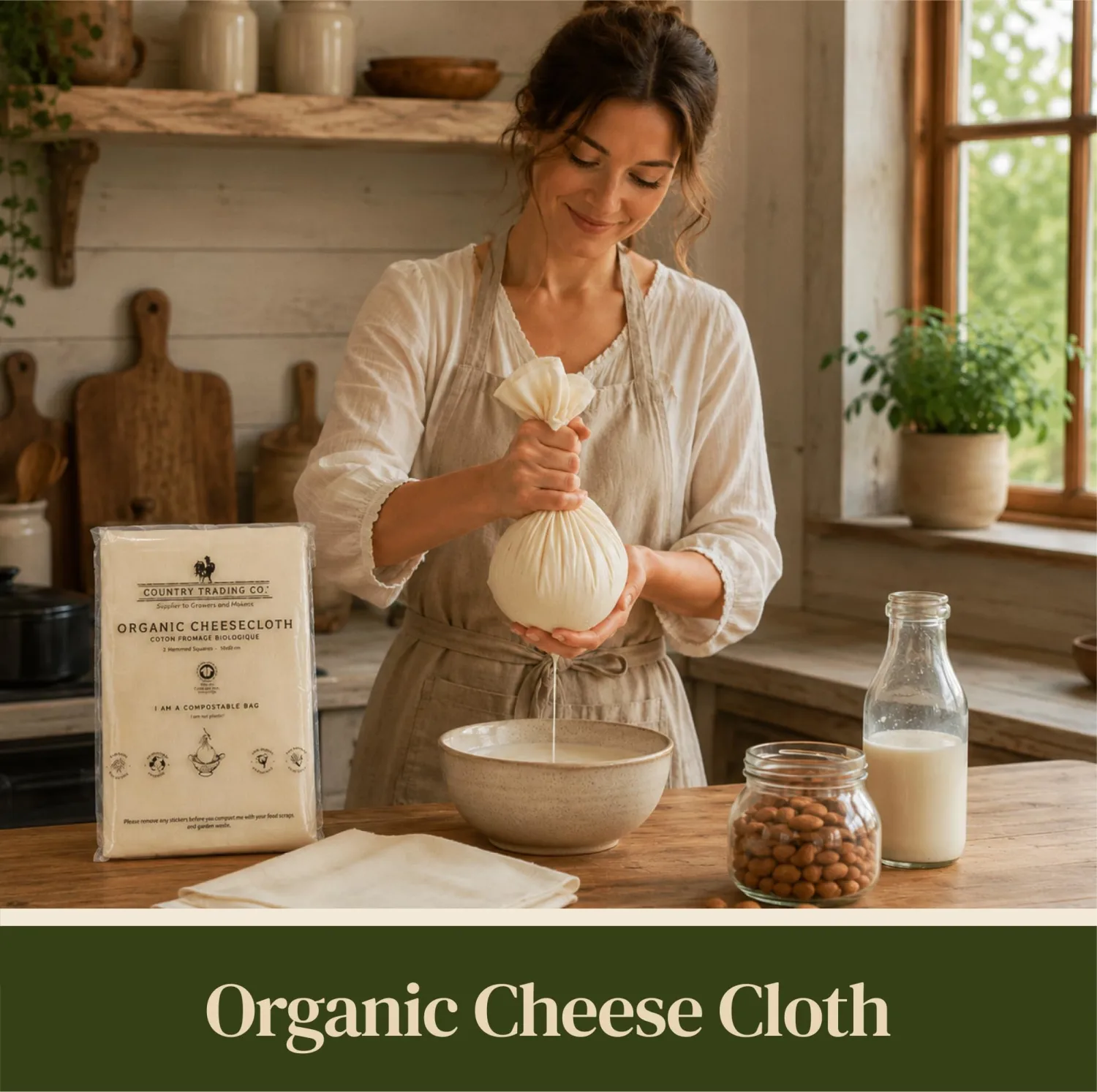 Country Trading Co. Organic Cheesecloth, Grade 120 Extra-Fine Weave, 2 Hemmed Squares, GOTS Certified Unbleached Cotton, Reusable Straining Cloth for Cheese, Nut Milk, Yogurt & Kombucha