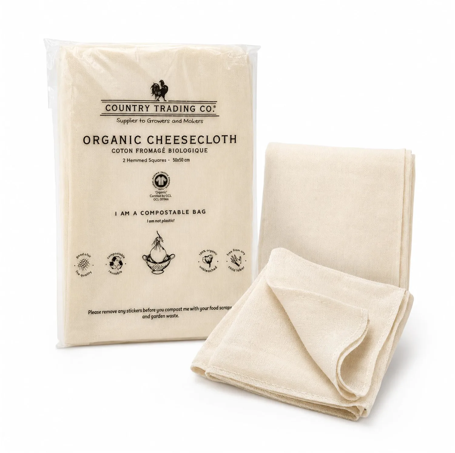 Country Trading Co. Organic Cheesecloth, Grade 120 Extra-Fine Weave, 2 Hemmed Squares, GOTS Certified Unbleached Cotton, Reusable Straining Cloth for Cheese, Nut Milk, Yogurt & Kombucha