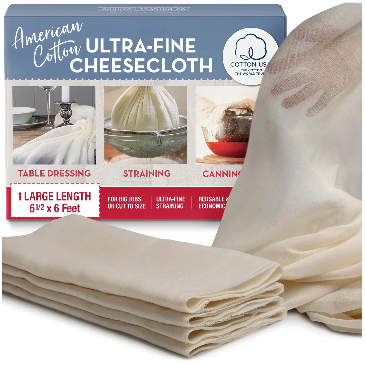 American Cotton Ultra-Fine Cheesecloth for Straining - 6 x 6.5 ft Length - Reusable Filter Cooking Cloth - Table Dressing
