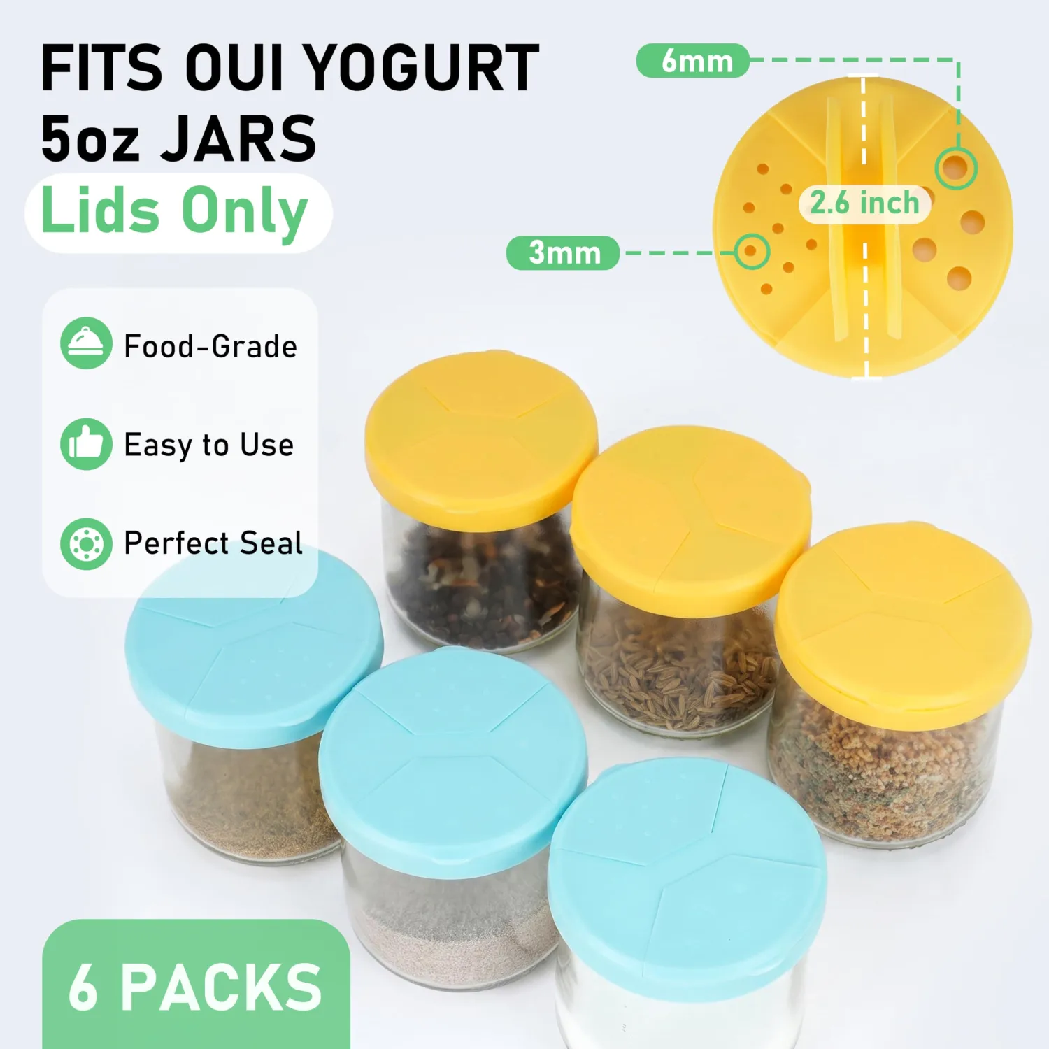 Spice Shaker Lids Fit for Oui Yogurt Jars 5 oz, 6 Pack Oui Shaker Lids with Dual-Sized Hole, Food-Grade Spice Dispenser Caps for Coarse or Fine Sprinkling, Dishwasher Safe (Jars Not Included)