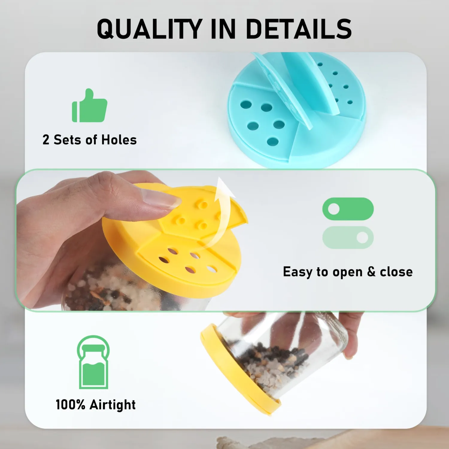 Spice Shaker Lids Fit for Oui Yogurt Jars 5 oz, 6 Pack Oui Shaker Lids with Dual-Sized Hole, Food-Grade Spice Dispenser Caps for Coarse or Fine Sprinkling, Dishwasher Safe (Jars Not Included)