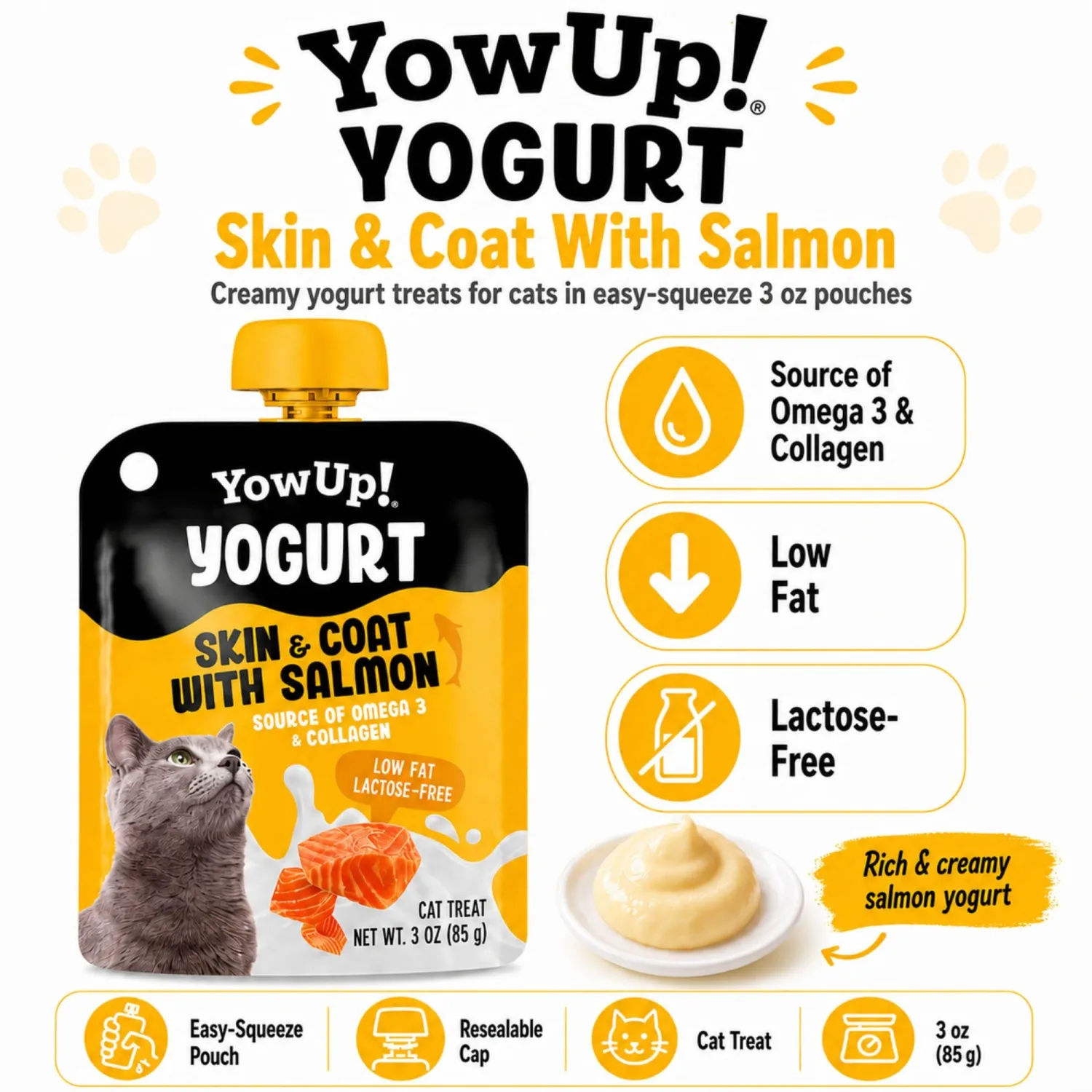 YowUp! Yogurt Skin and Coat with Salmon Cat Treat Pouch - 4 Pack