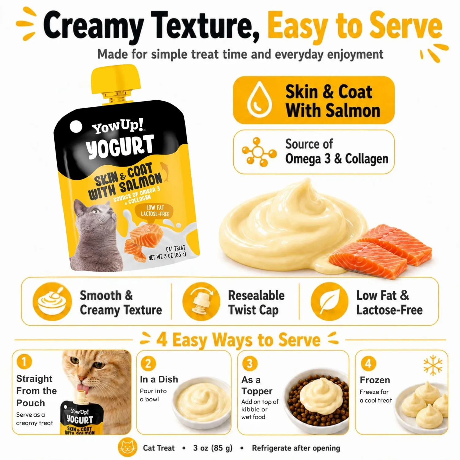 YowUp! Yogurt Skin and Coat with Salmon Cat Treat Pouch - 4 Pack