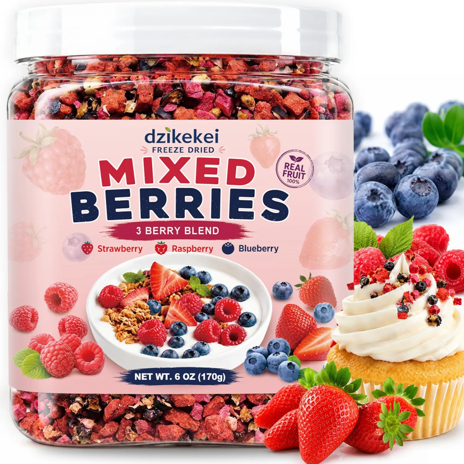 6oz Freeze Dried Mixed Berry Pieces, Strawberry, Raspberry & Blueberry