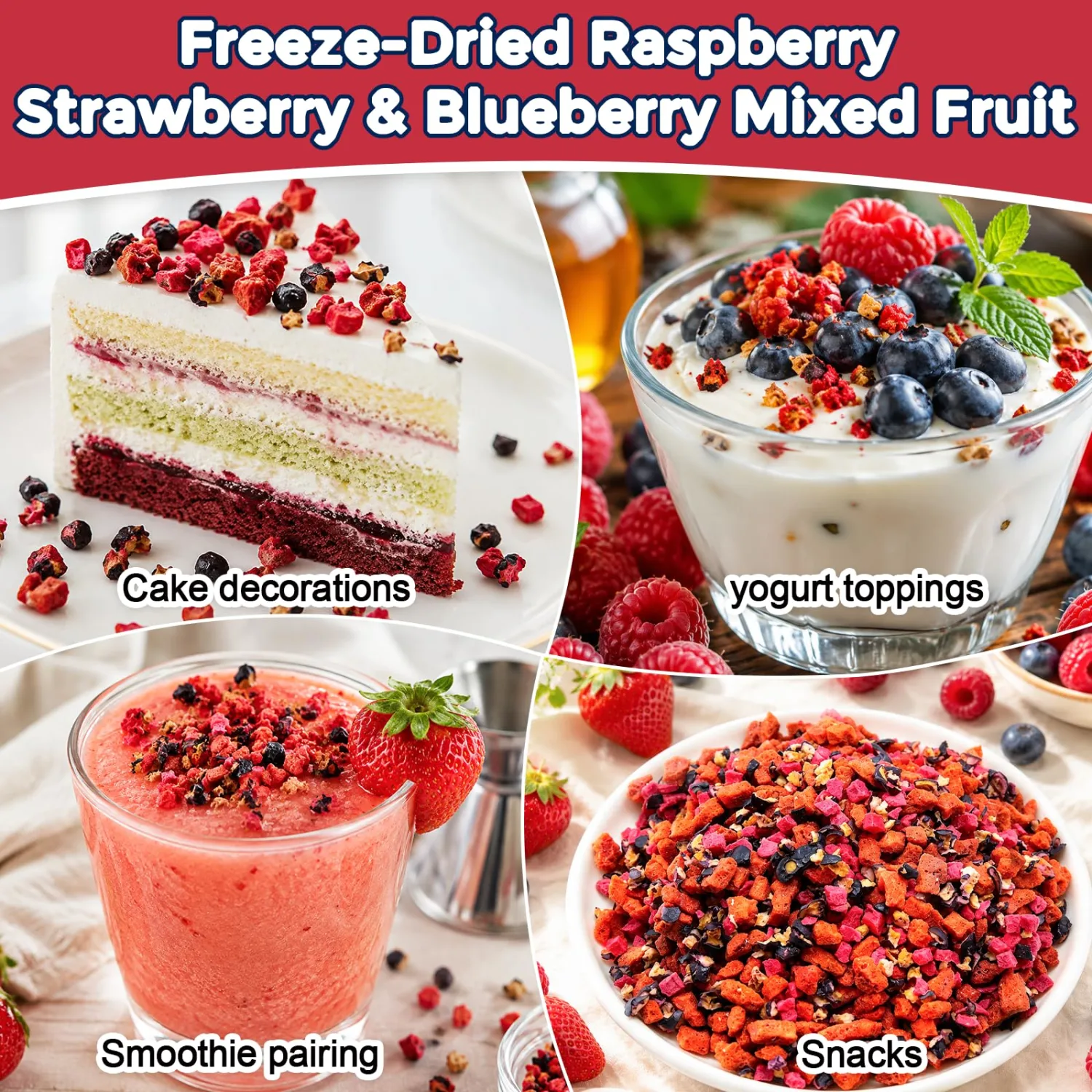 6oz Freeze Dried Mixed Berry Pieces, Strawberry, Raspberry & Blueberry