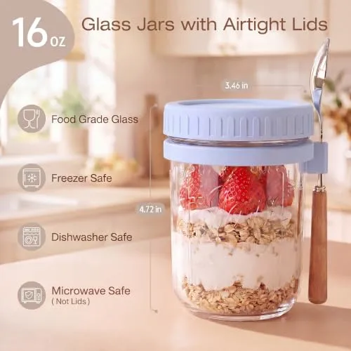 16oz Glass Overnight Oats Containers with Lids and Spoons, 6 Pack Blue