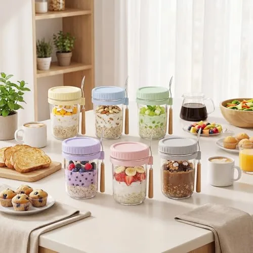 16oz Glass Overnight Oats Containers with Lids and Spoons, 6 Pack Blue