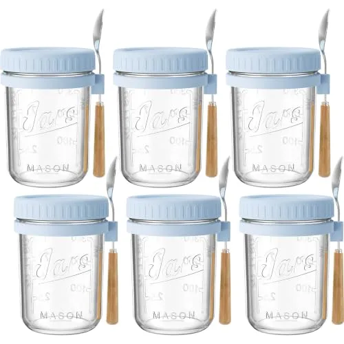 16oz Glass Overnight Oats Containers with Lids and Spoons, 6 Pack Blue