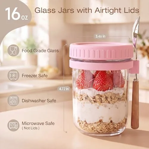 16oz Glass Overnight Oats Containers with Lids and Spoons, 6 Pack Pink