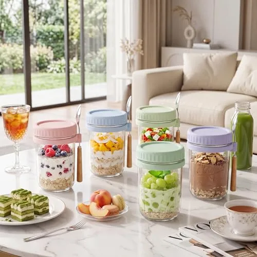 16oz Glass Overnight Oats Containers with Lids and Spoons, 6 Pack Pink