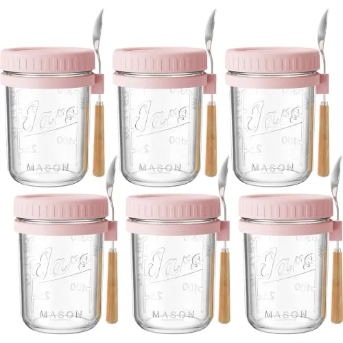 16oz Glass Overnight Oats Containers with Lids and Spoons, 6 Pack Pink